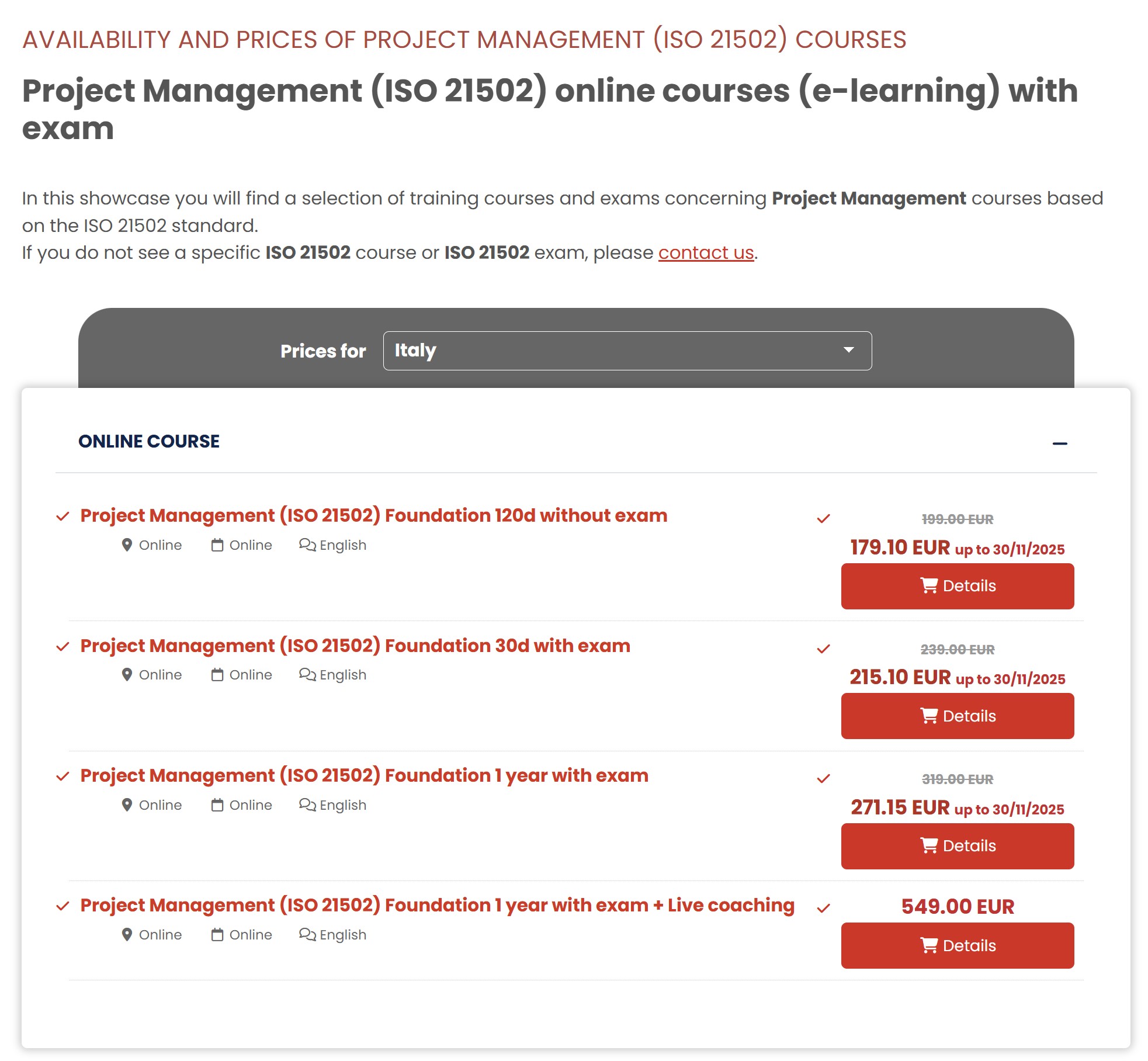 Oferta de productos y lista de precios de TrainingNow